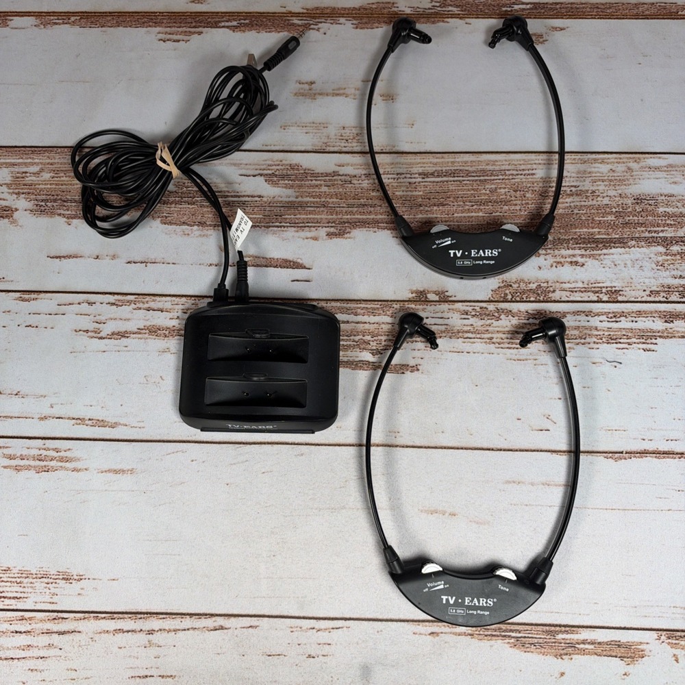 TV Ears Analog Wireless TV Audio Dual Headset System 2 Headphones & Base Tested